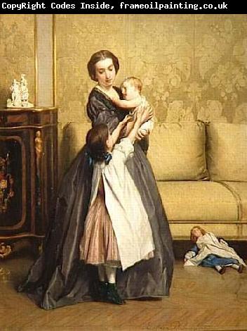 Gustave Leonard de Jonghe Jeune mere et ses enfants dans un salon